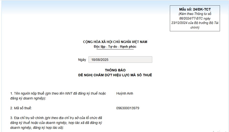 hủy mã số cá nhân người phụ thuộc