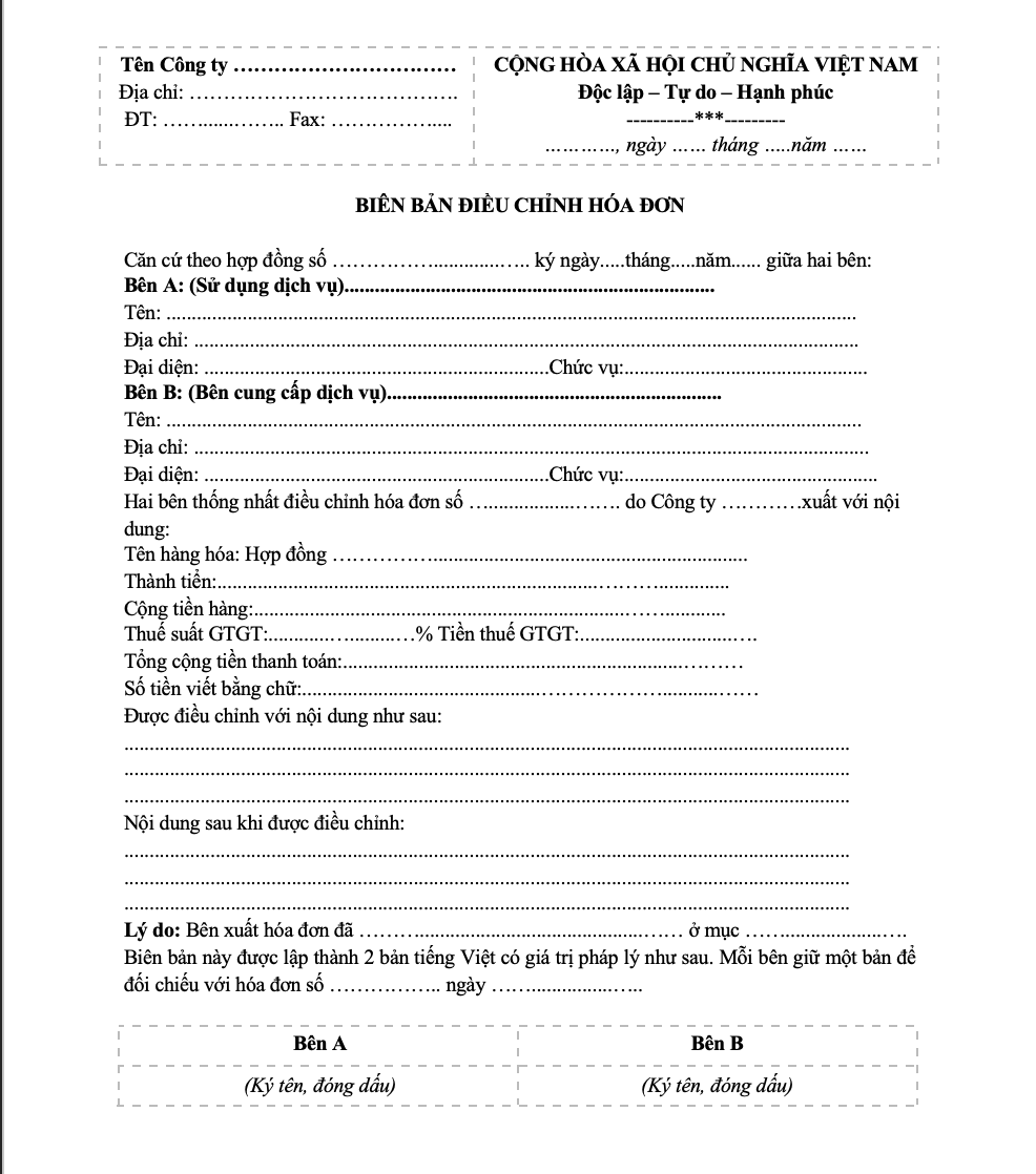 Mẫu biên bản điều chỉnh hóa đơn sai tên công ty