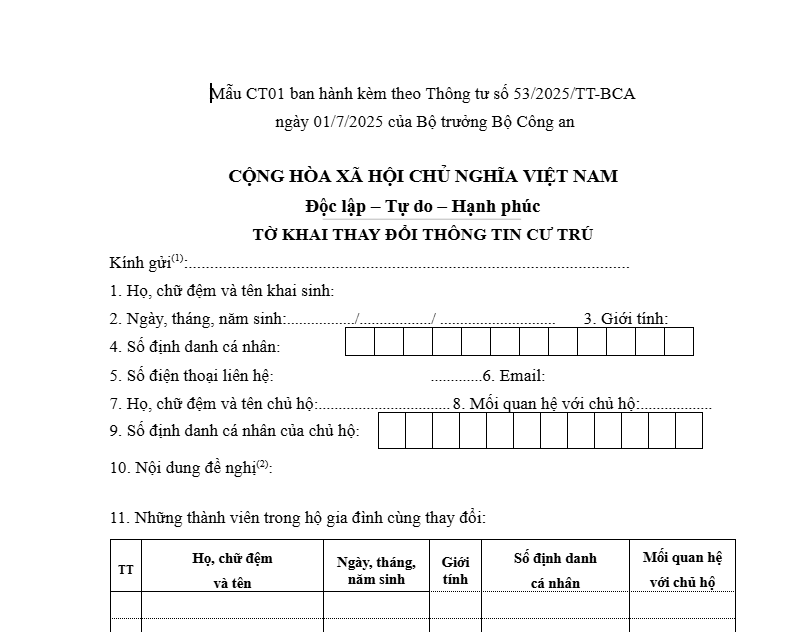 mẫu đơn đăng ký tạm trú