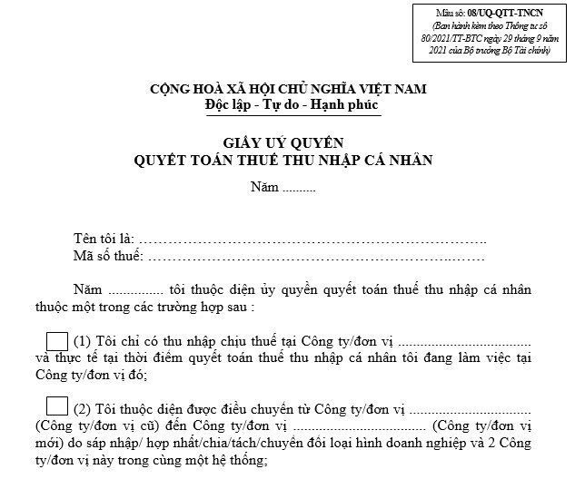 giấy ủy quyền quyết toán thuế TNCN