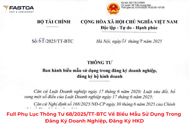 Full phụ lục thông tư 68/2025/TT-BTC về biểu mẫu sử dụng trong đăng ký doanh nghiệp, đăng ký hộ kinh doanh