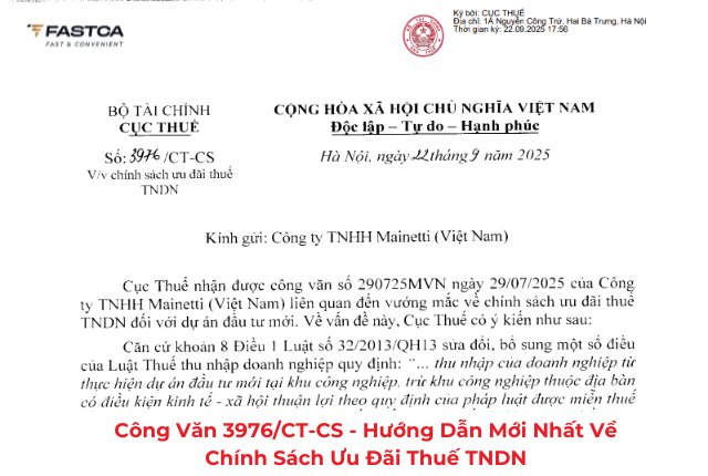 Công văn 3976/CT-CS - Hướng dẫn mới nhất về chính sách ưu đãi thuế TNDN